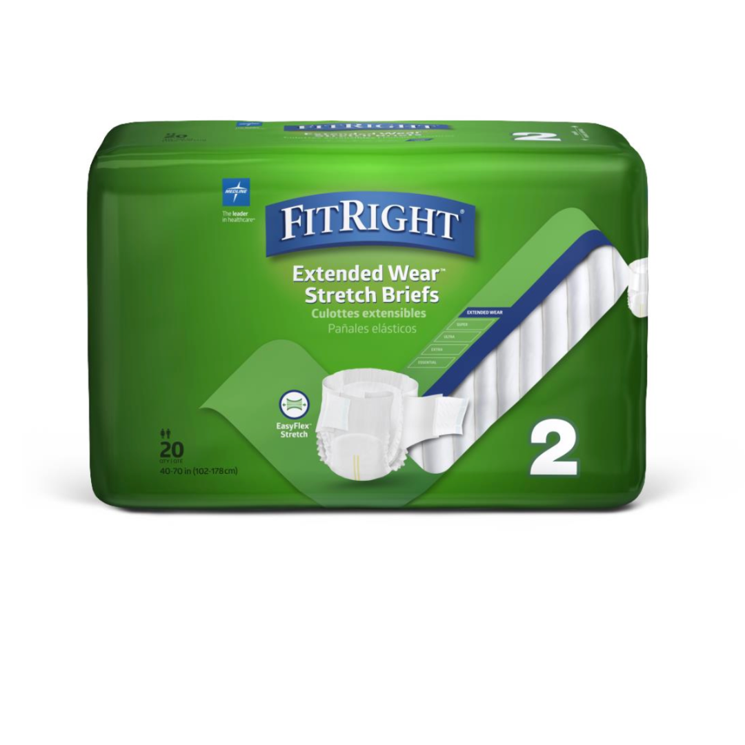 Green package of FitRight Extended Wear Stretch Briefs - Overnight Absorbency, showcasing EasyFlex Stretch. Includes 20 incontinence briefs, size 2 for 40-70 inch waists, featuring an absorbent core for odor control.